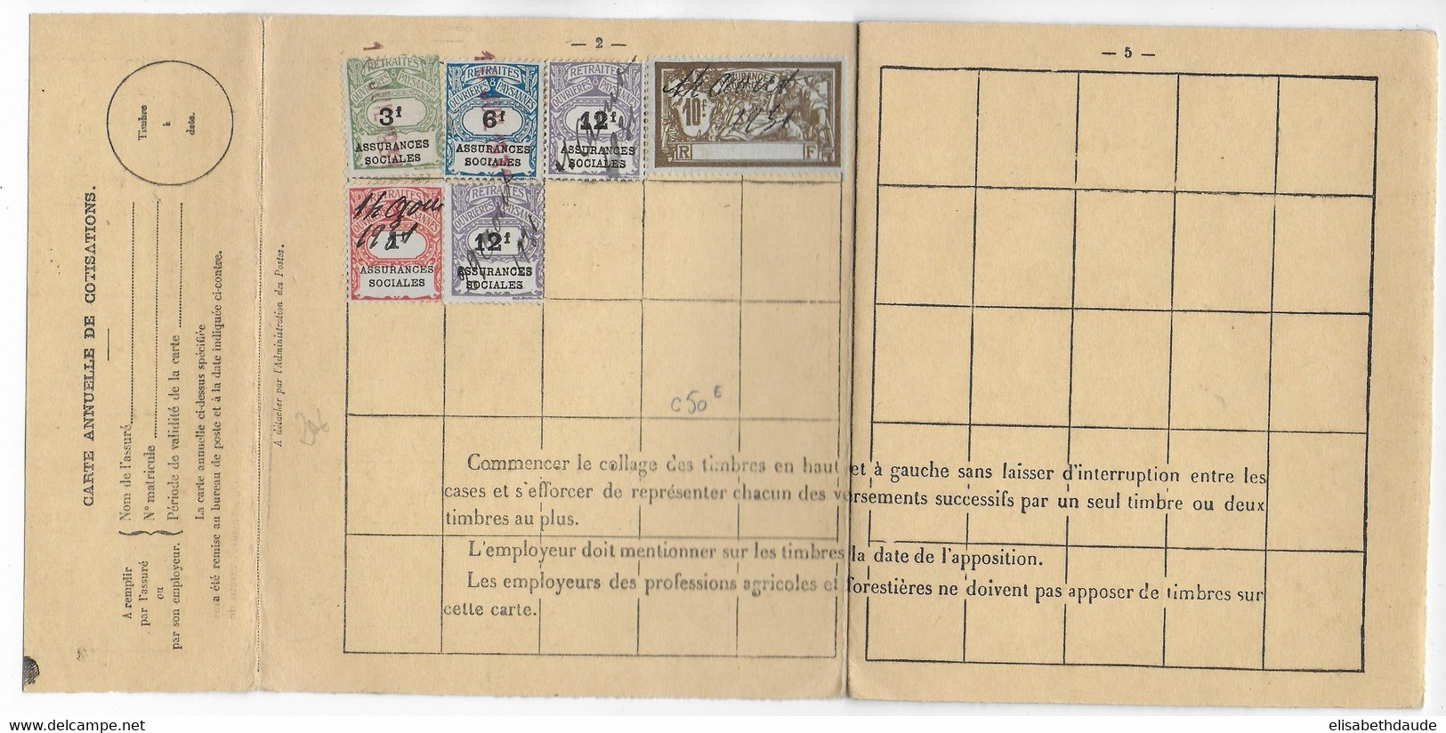 1931 - TIMBRES D'ASSURANCES SOCIALES CARTE 5 VOLETS ANNUELLE De COTISATIONS - Storia Postale