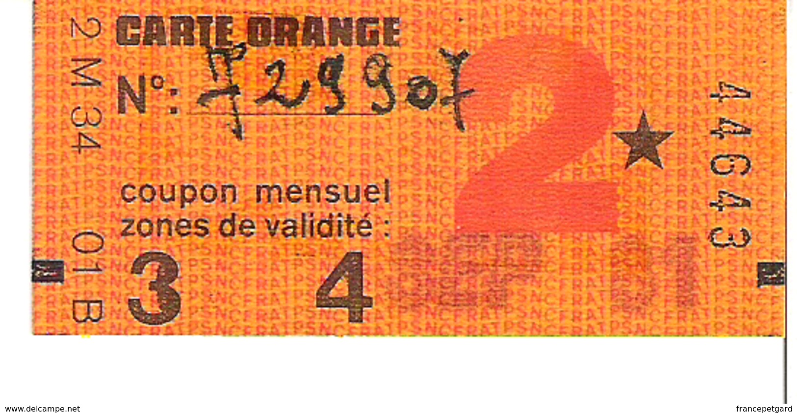 RATP  Coupon Mensuel De Carte Orange   Septembre 1981 - Europa