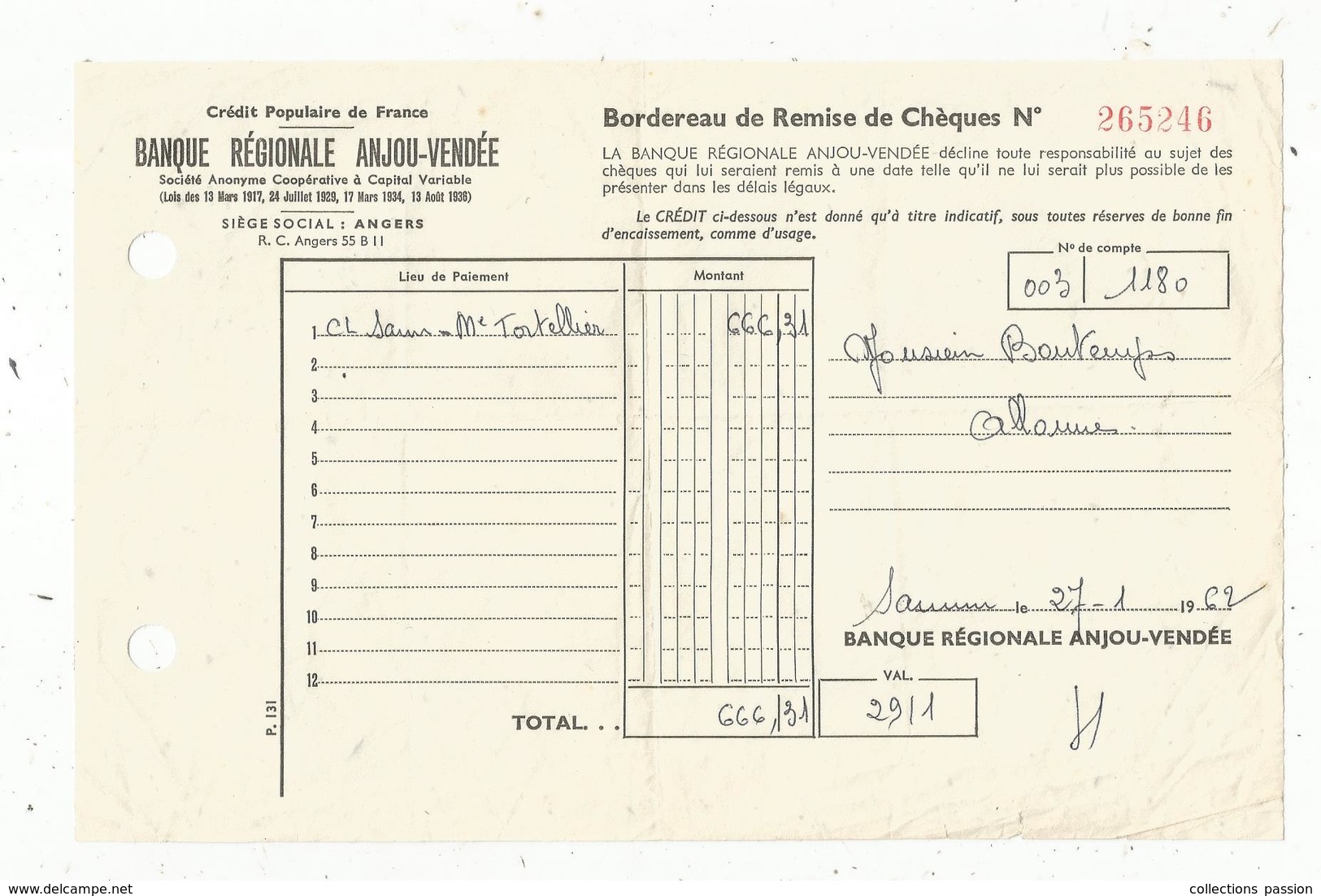 Bordereau De Remise De Chèques,BANQUE REGIONALE ANJOU-VENDEE ,Angers ,1962,  Frais Fr 1.65 E - 1950 - ...