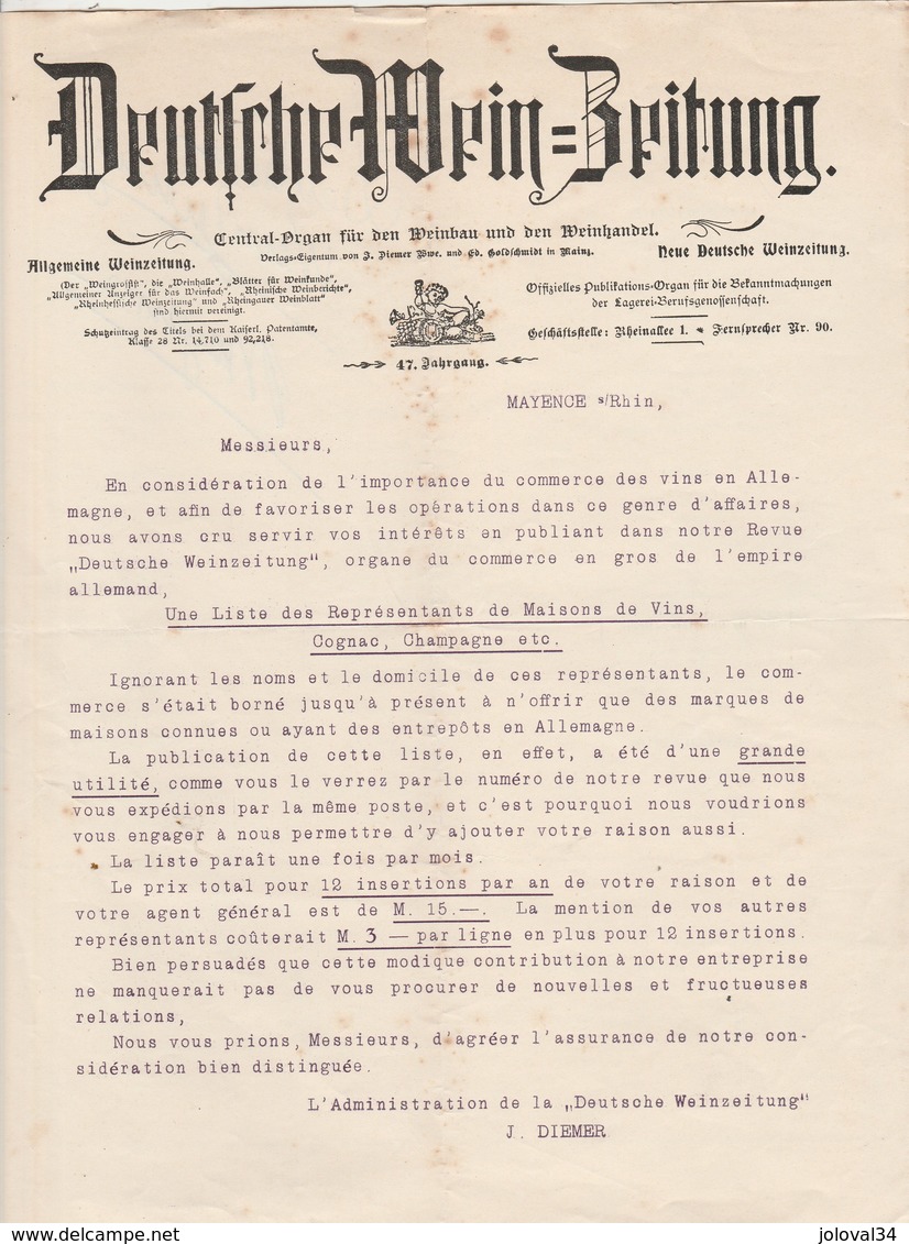 Allemagne Facture Lettre Illustrée 4 Pages  DEUTSCHE WEIN ZEITUNG  MAINZ MAYENCE - Champagne Cognac Bordeaux Tokay ... - 1900 – 1949