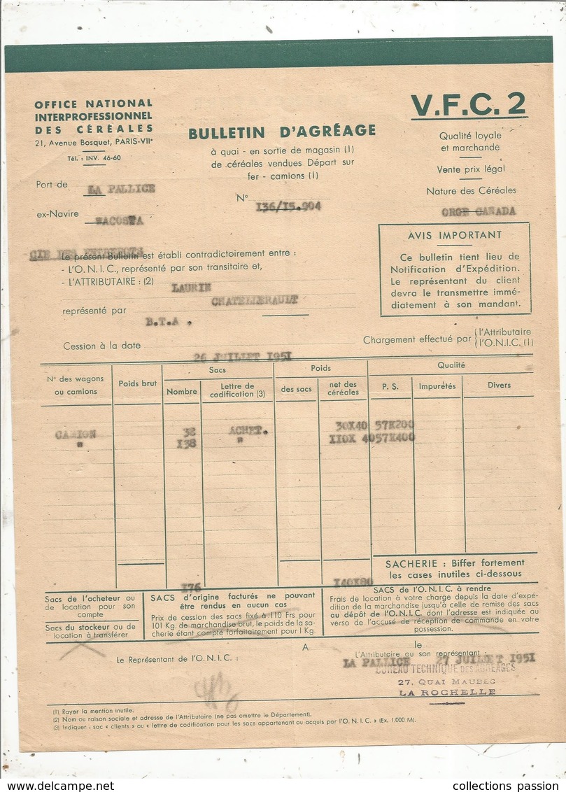 Bulletin D'agréage,départ Sur Camion,office National Interprofessionnel Des Céréales,La Pallice,1951, Frais Fr 1.65 E - 1950 - ...