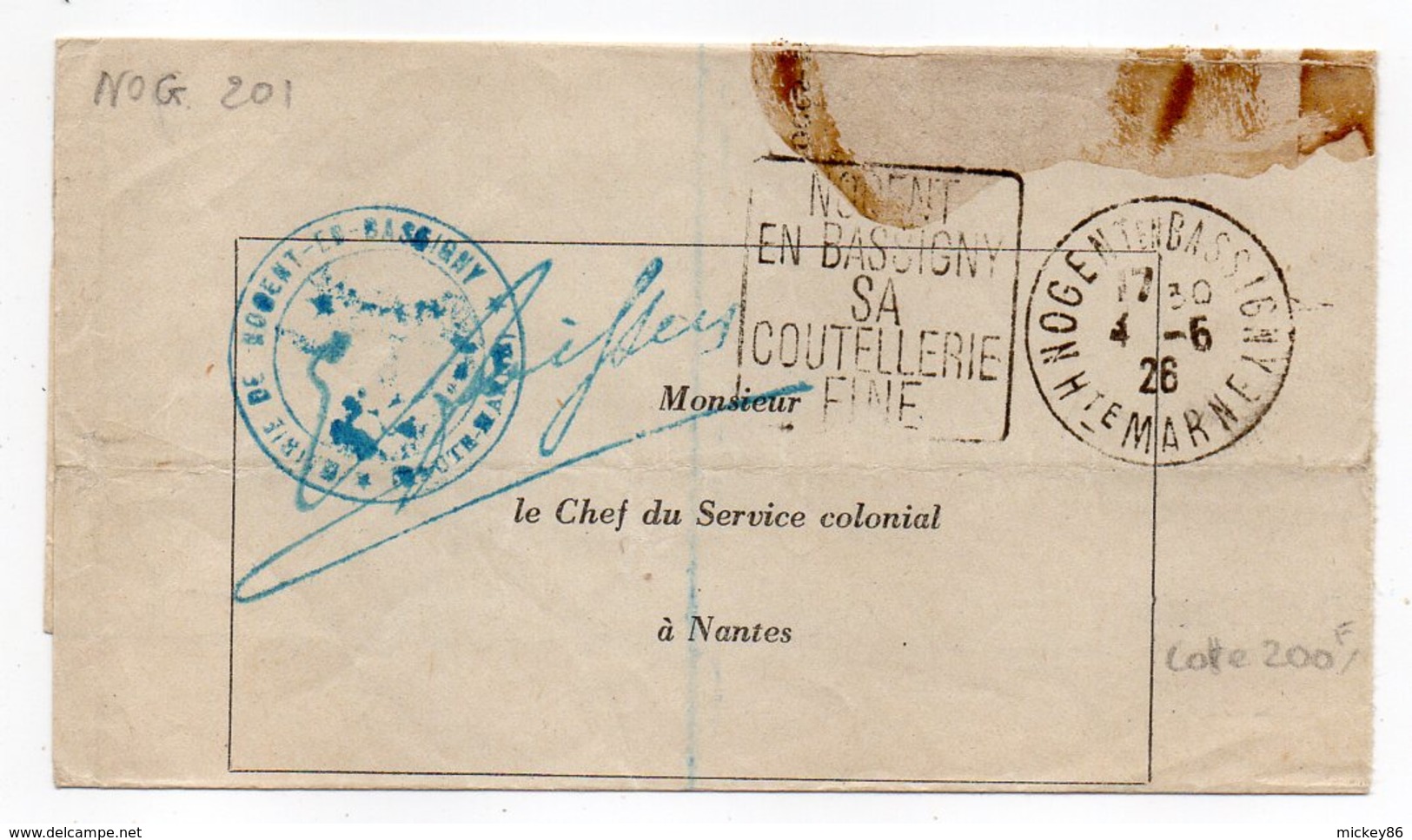 1926--Lettre De NOGENT EN BASSIGNY-52 Pour NANTES-44-cachet Daguin"Coutellerie Fine"-Franchise Mairie-cachet-signature - 1921-1960: Modern Tijdperk