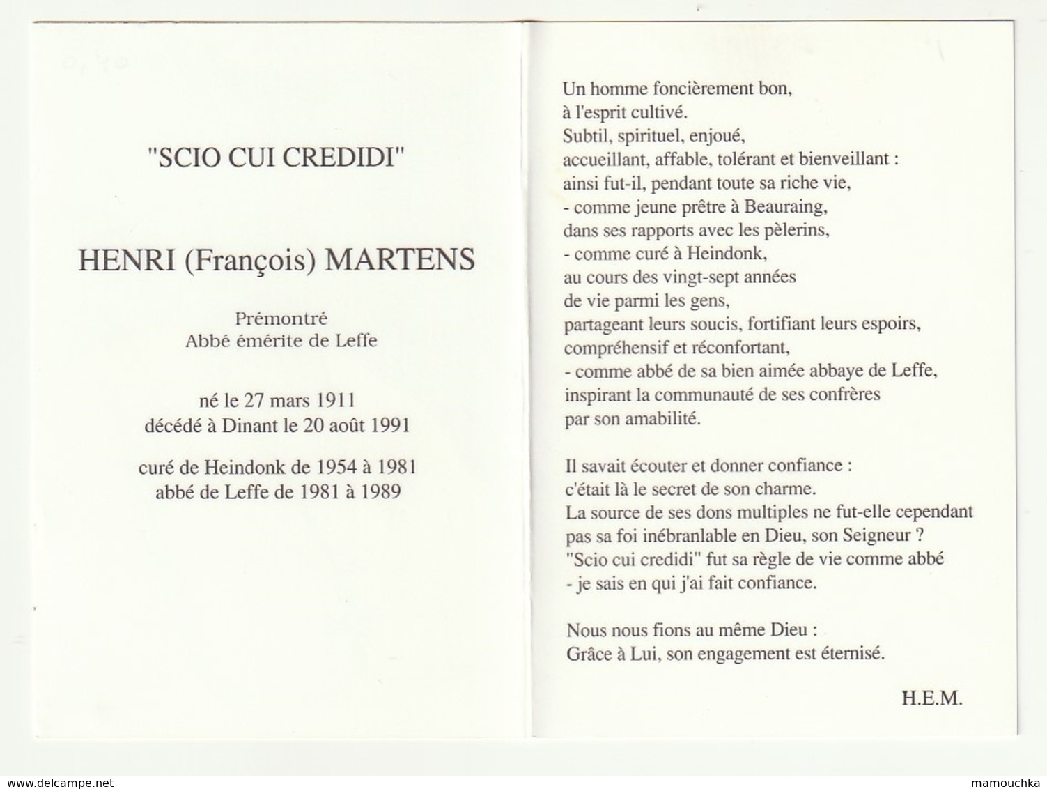 Décès Henri François MARTENS Prémontré Abbé émérite Leffe Curé Heindonk Dinant 1991 Priester - Images Religieuses