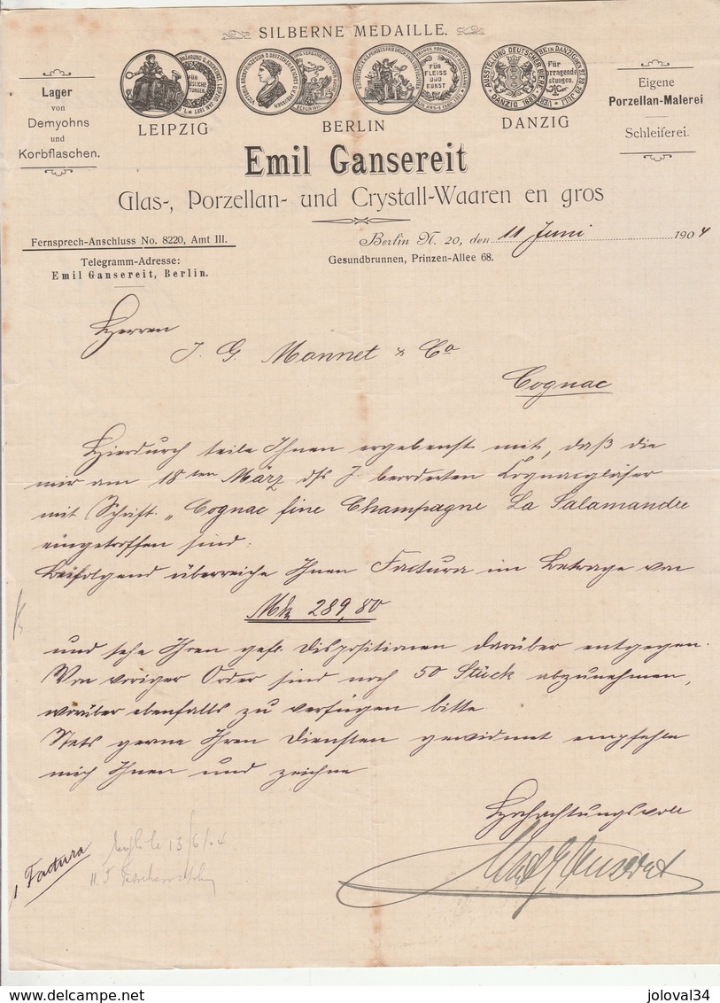 Allemagne Facture Lettre Illustrée 11/6/1904 Emil GANSEREIT Glas Porzellan Crystal Waaren BERLIN - 1900 – 1949