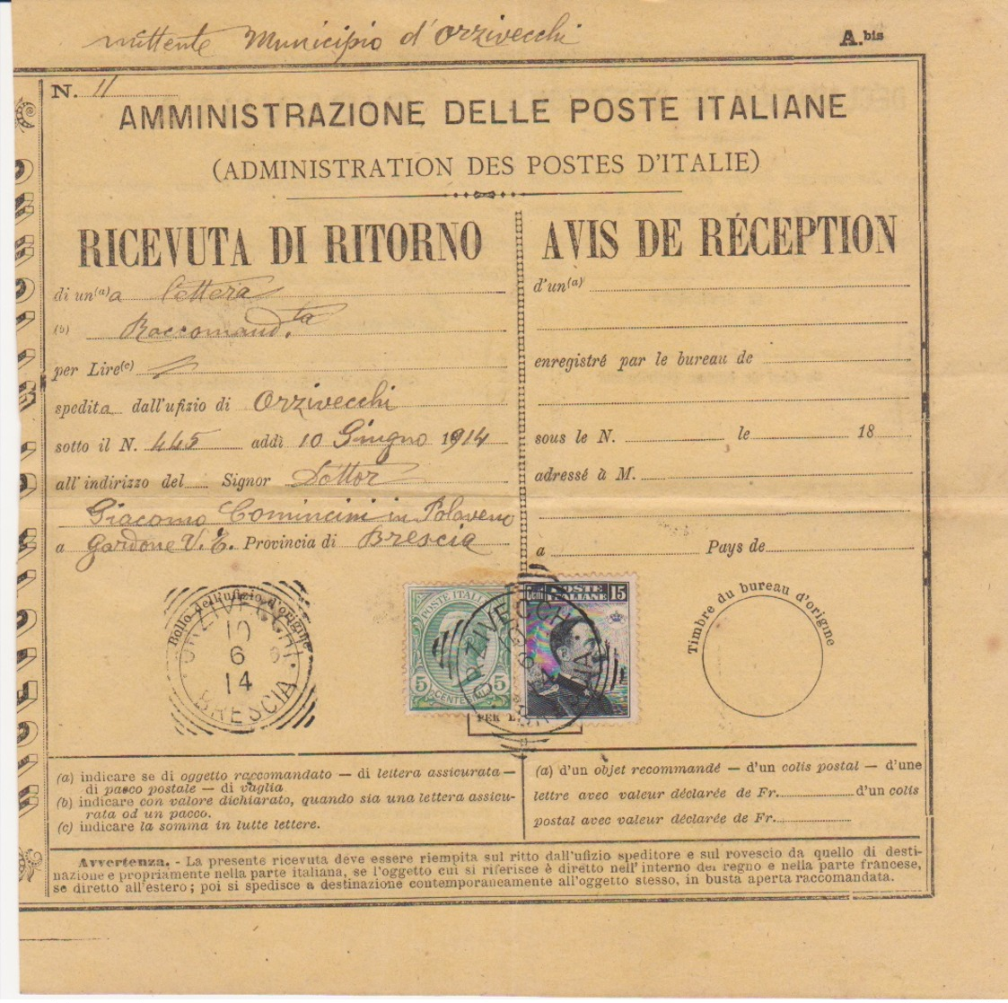 1914 ORZIVECCHI Tondo Riquadrato Su Avviso Di Ricevimento Affrancata Leoni C.5 E Michetti C.15 - Storia Postale