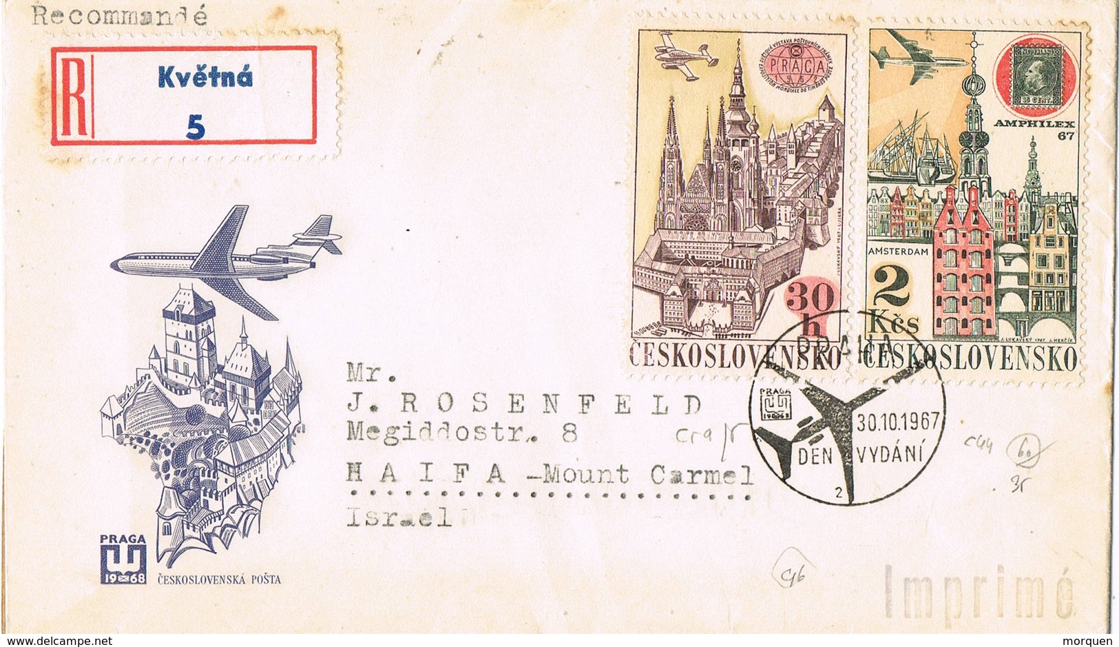 31273. Carta Certificada  Impresos KVETNA (Checoslovaquia) 1967 To Israel - Cartas & Documentos