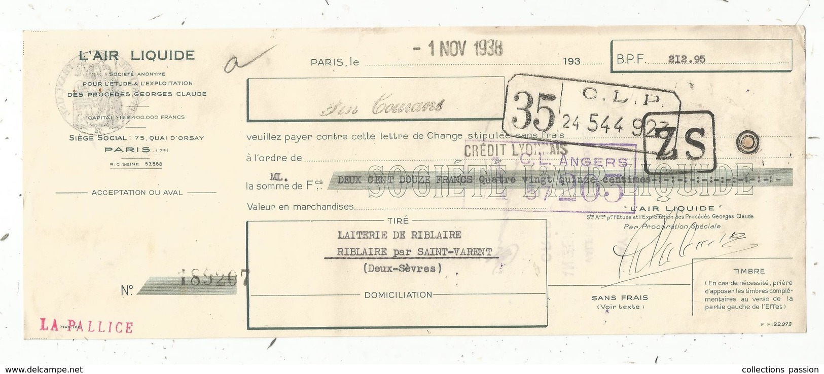 Lettre De Change , L'AIR LIQUIDE ,Paris,1938, Cachet Timbre 45 Cen., 2 Scans,  1938, Frais Fr 1.55 E - Bills Of Exchange