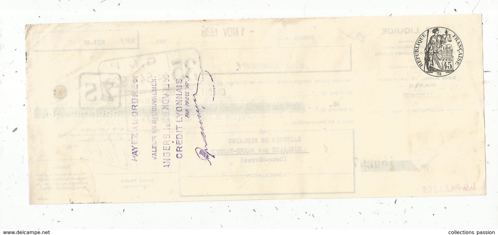 Lettre De Change , L'AIR LIQUIDE ,Paris,1938, Cachet Timbre 45 Cen., 2 Scans,  1938, Frais Fr 1.55 E - Bills Of Exchange