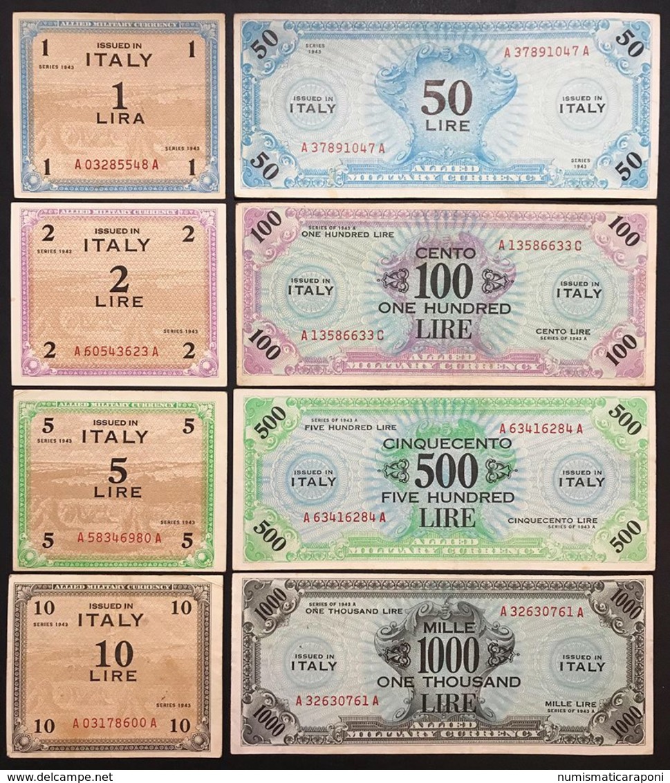 1000+500+100+50+10+5+2+1 AM LIRE SERIE BILINGUE E ITALIANO 1943 MISTA  RARO  LOTTO 2403 - Ocupación Aliados Segunda Guerra Mundial