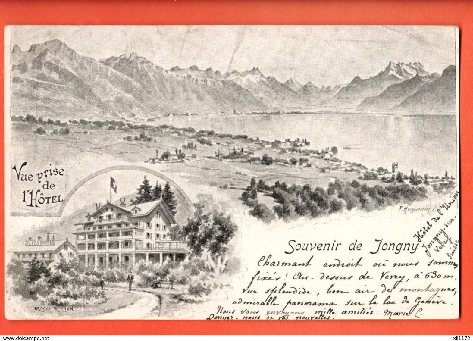 VAQ-08 Souvenir De Jongny Litho Vue Prise De L'Hotel Avec Dents Du Midi.Précurseur.Cachet Vevey  Timbre Manque - Jongny