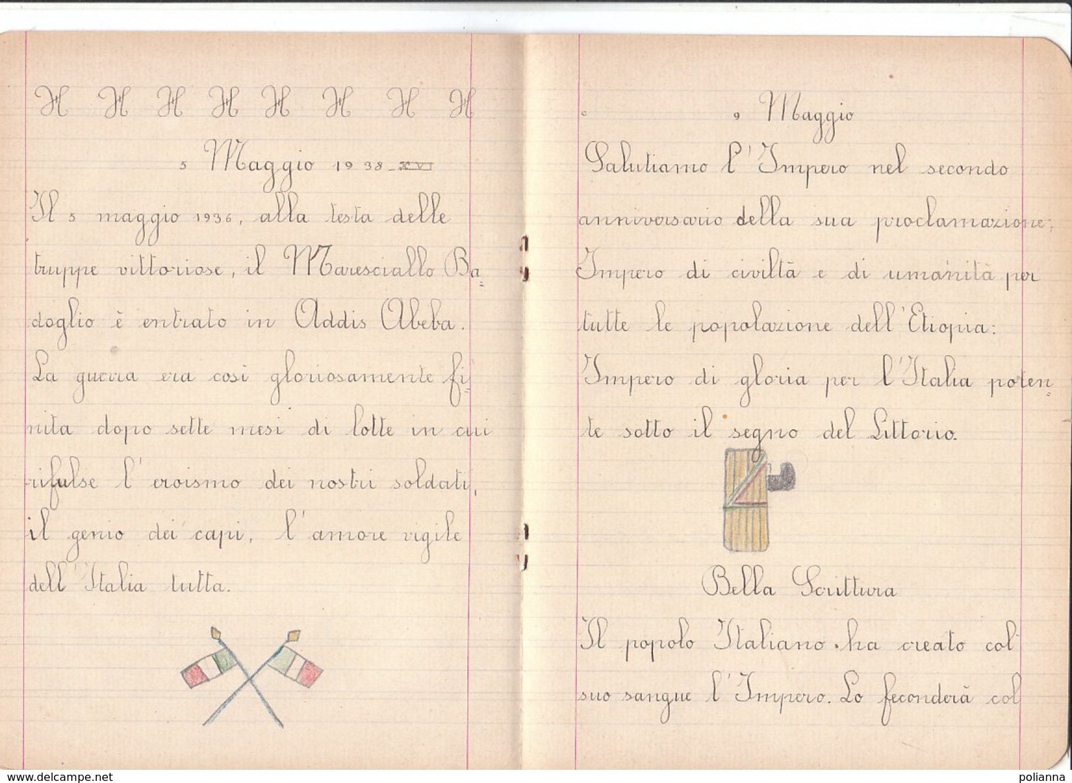 Q504 QUADERNO SCUOLA ERA FASCISTA - MARINA MILITARE ITALIANA - AFFONDAMENTO PIROSCAFO - DETTATI CALLIGRAFIA 1938 - Collections