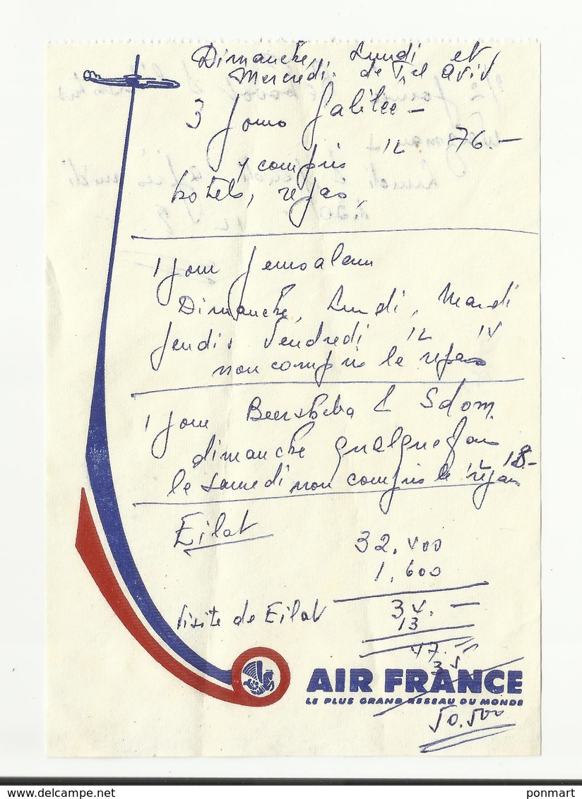 Devis Voyage Jerusalem Sur Papier  Air France  1976 - Publicités