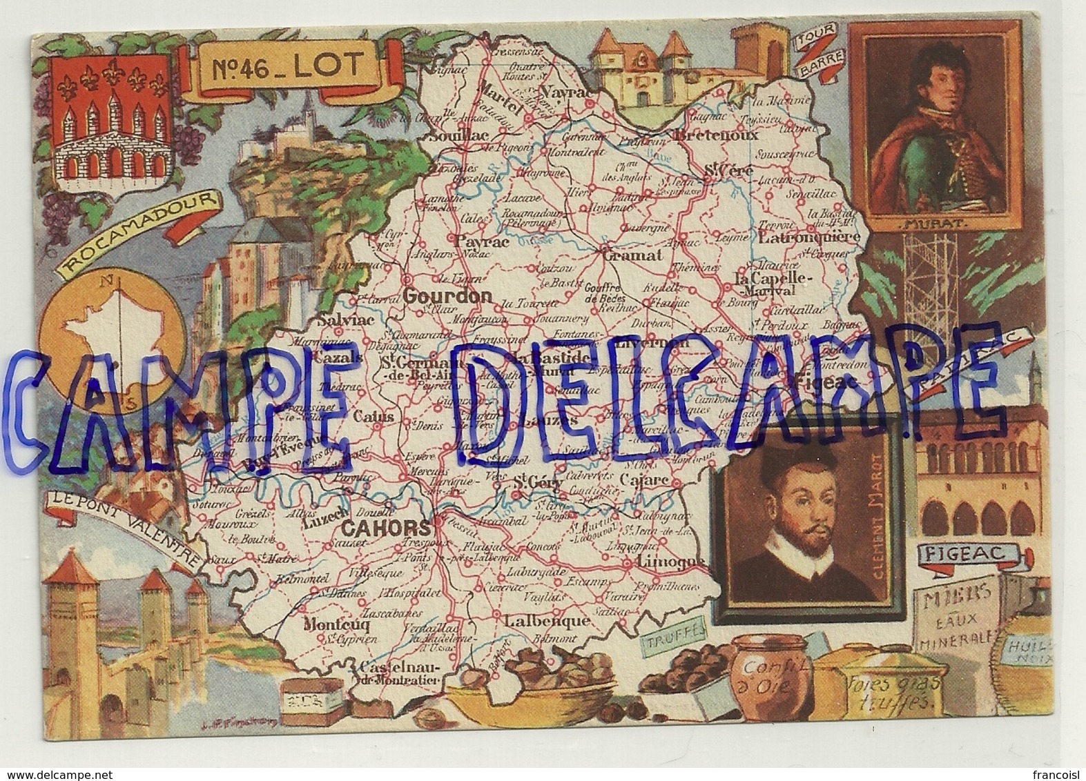 Carte Géographique Du Lot. Copyright By Blondel La Rougery. Paris 1945. Signée Pinchon - Cartes Géographiques