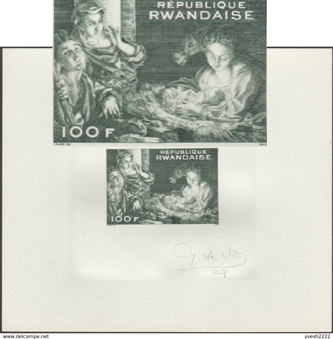 Rwanda 1969 COB BF 20. Épreuve D'artiste Et De Couleurs. Noël, Peinture, Le Corrège, âne - Burros Y Asnos