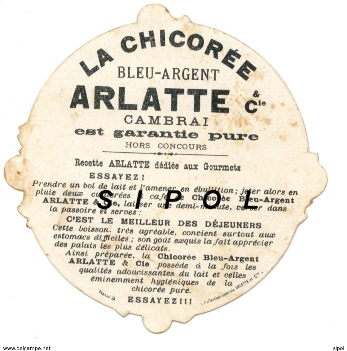 Rare  Image Chromo Circulaire Imitation Tambourin Pub Chicorée Arlatte  Bleu Argent Cambrai - Autres & Non Classés