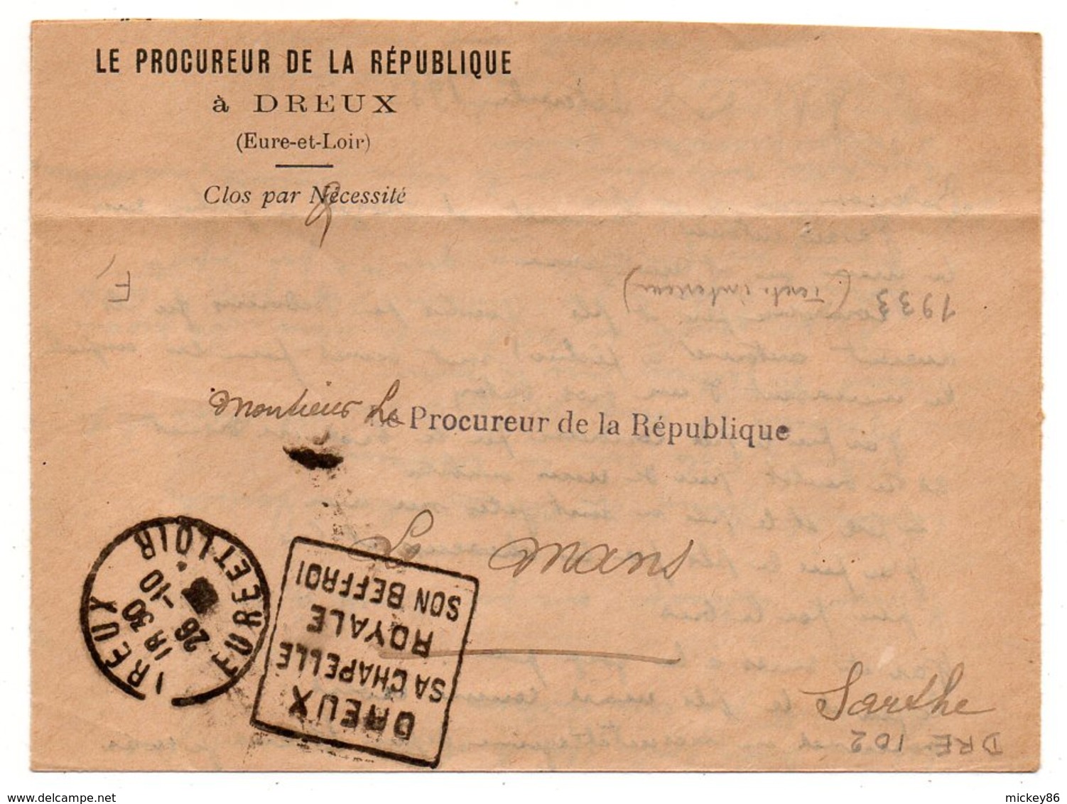 1933--Lettre De DREUX -28 Pour LE MANS-72 -cachet Daguin" Chapelle Royale,Beffroi "- Franchise Procureur République - 1921-1960: Période Moderne