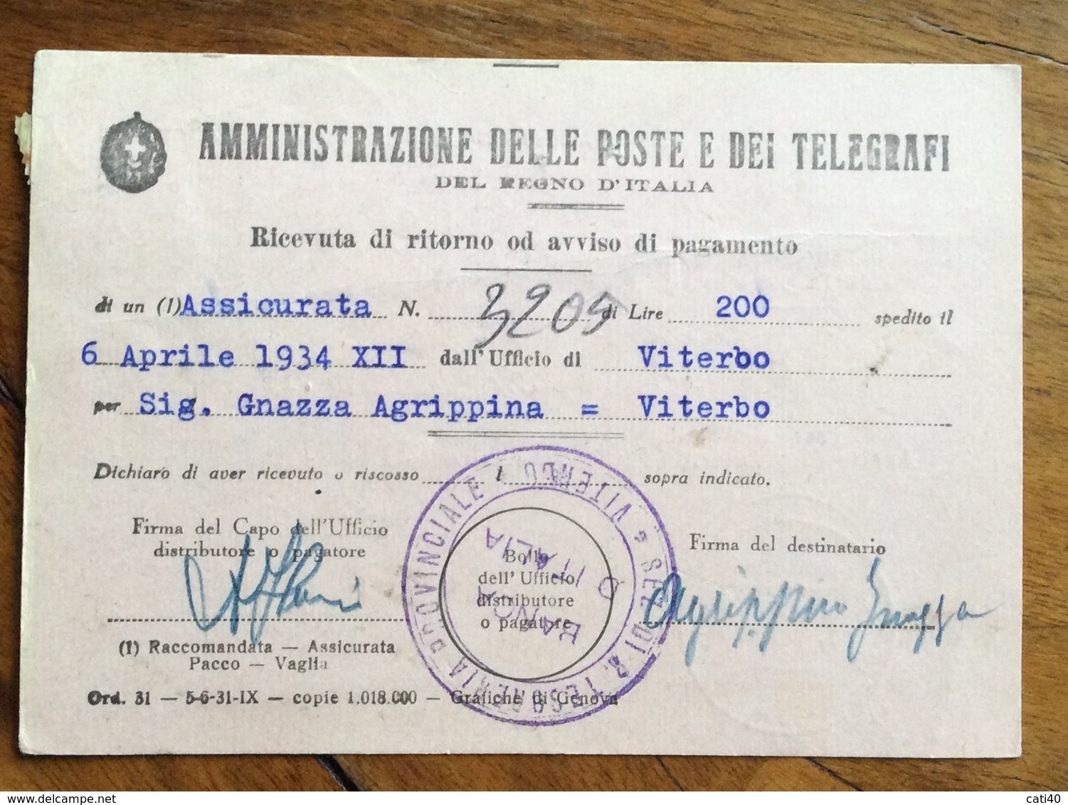 RICEVUTA DI RITORNO CON SEGNATASSE 50 C. TASSA A CARICO DEL DESTINATARIO  VITERBO 7/4/34 - Storia Postale