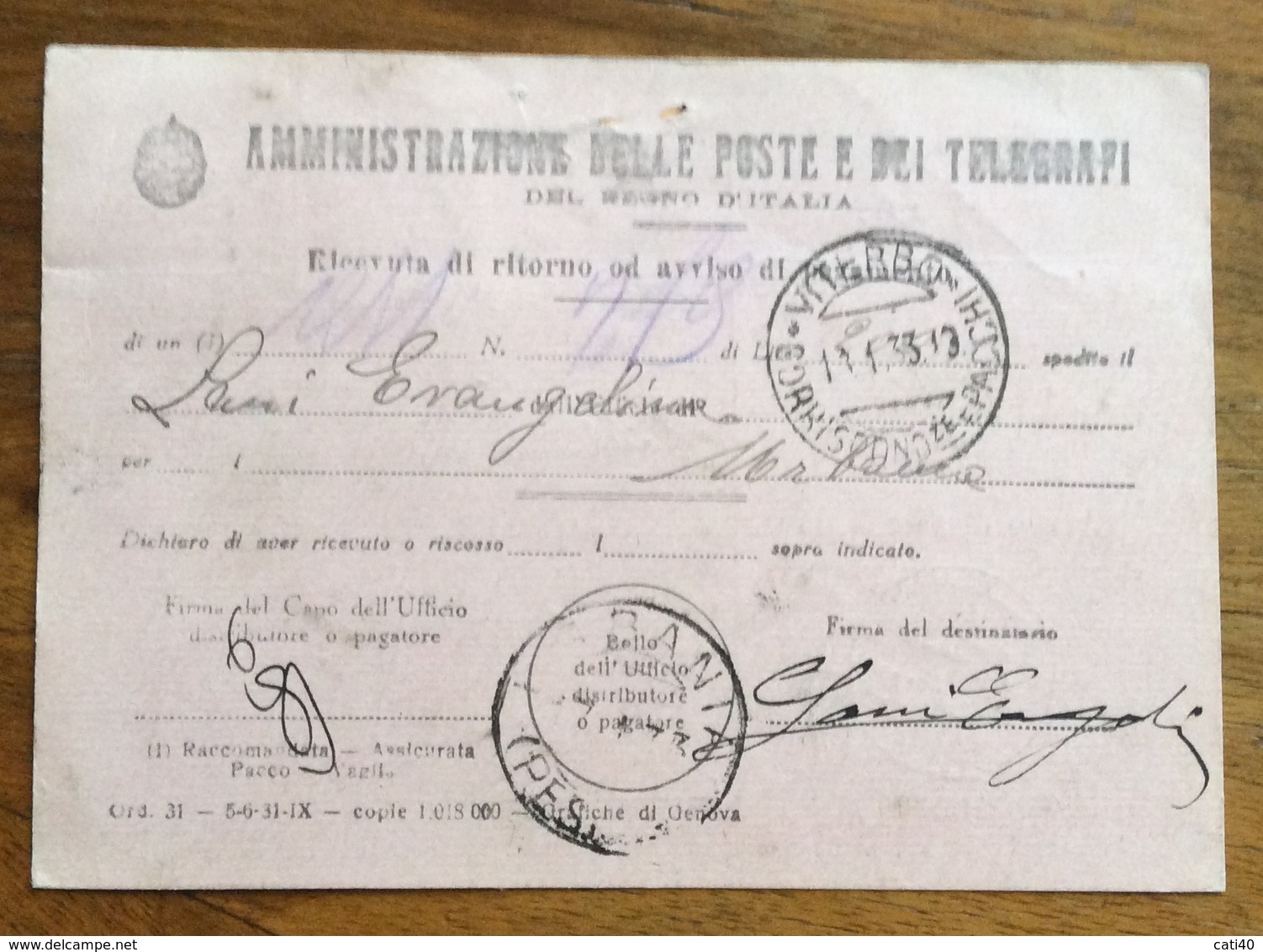 RICEVUTA DI RITORNO CON SEGNATASSE 30+20 C. TASSA A CARICO DEL DESTINATARIO  VITERBO 17/1/33 - Storia Postale