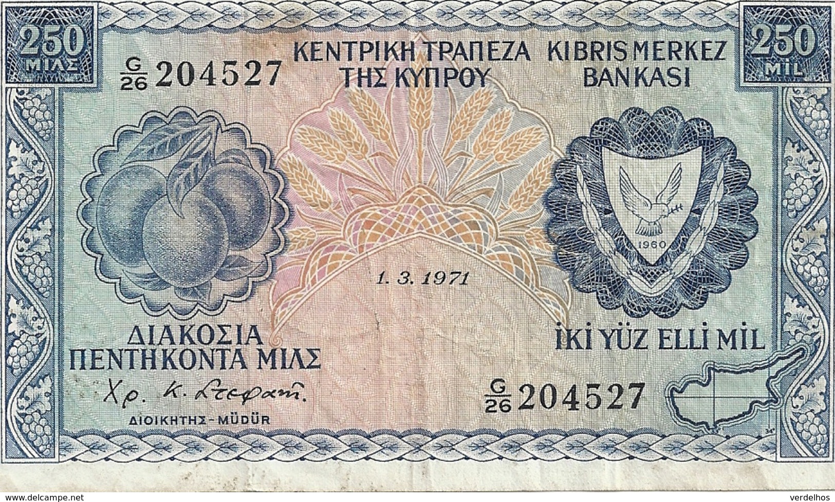 CHYPRE 250 MILS 1971 VF P 41 B - Chipre