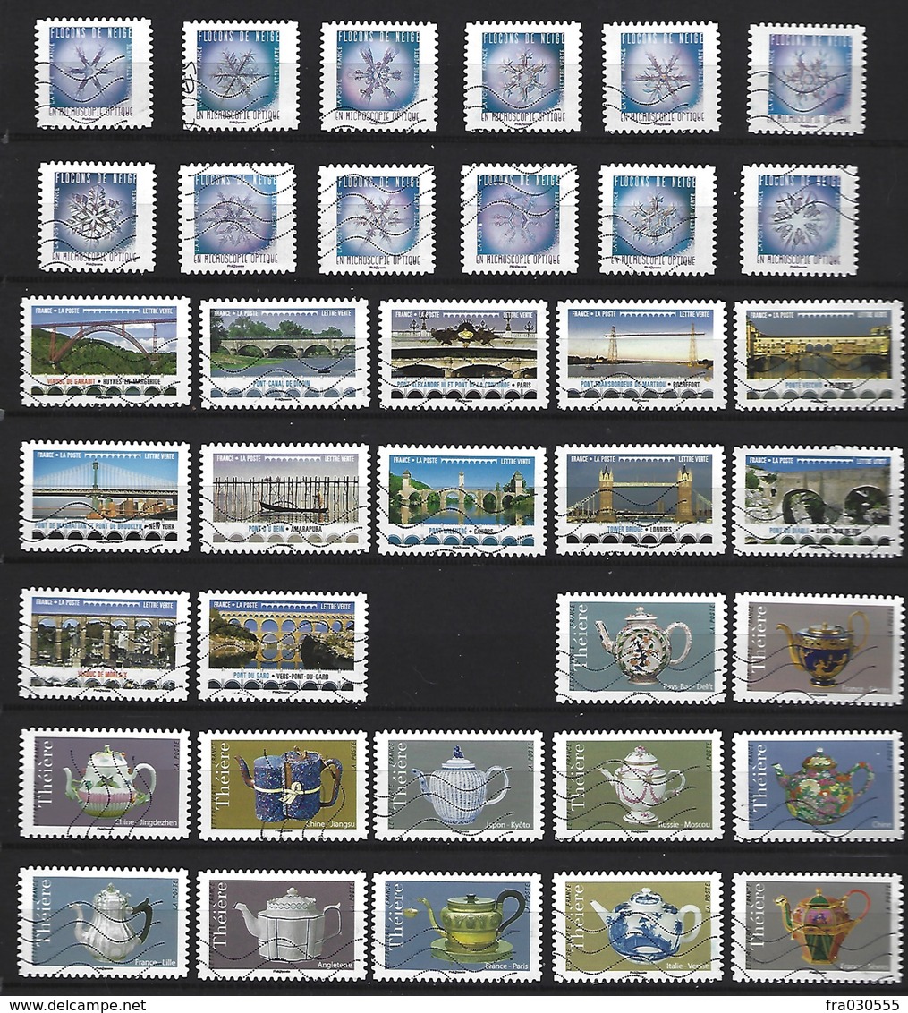 FRANCE - Lot De 3 Séries Complètes De 12 Timbres Oblitérés - Flocons De Neige, Ponts Et Viaducs, Théières - Autres & Non Classés