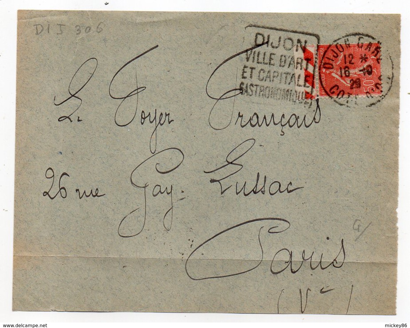 Devant De Lettre De  DIJON-21  Pour PARIS-75 -cachet Daguin " Ville D'Art Et Capitale Gastronomique "- Type Semeuse - 1921-1960: Moderne