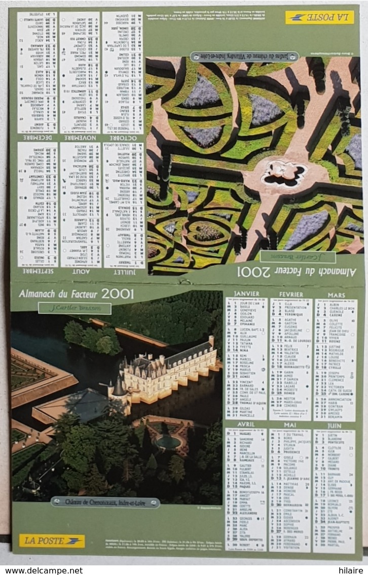 Almanach Calendrier Du Facteur La Poste Ptt Année 2001 ISERE Thème Chenonceaux Villandry - Grand Format : 2001-...