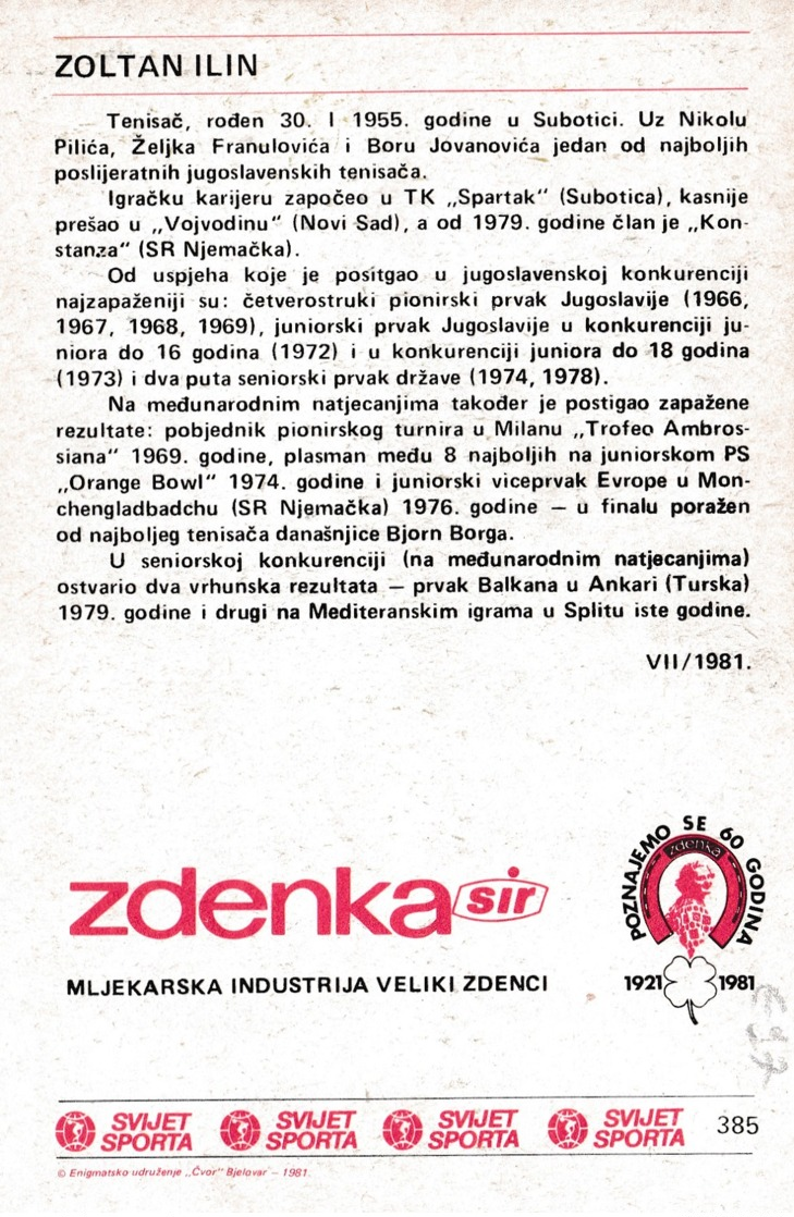 ZOLTAN ILIN,SVIJET SPORTA CARD - Tennis