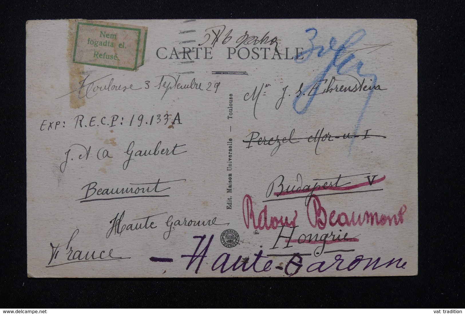 HONGRIE - Taxes Sur Carte Postale De France En 1929 Et Retour à L 'envoyeur - L 21692 - Poststempel (Marcophilie)