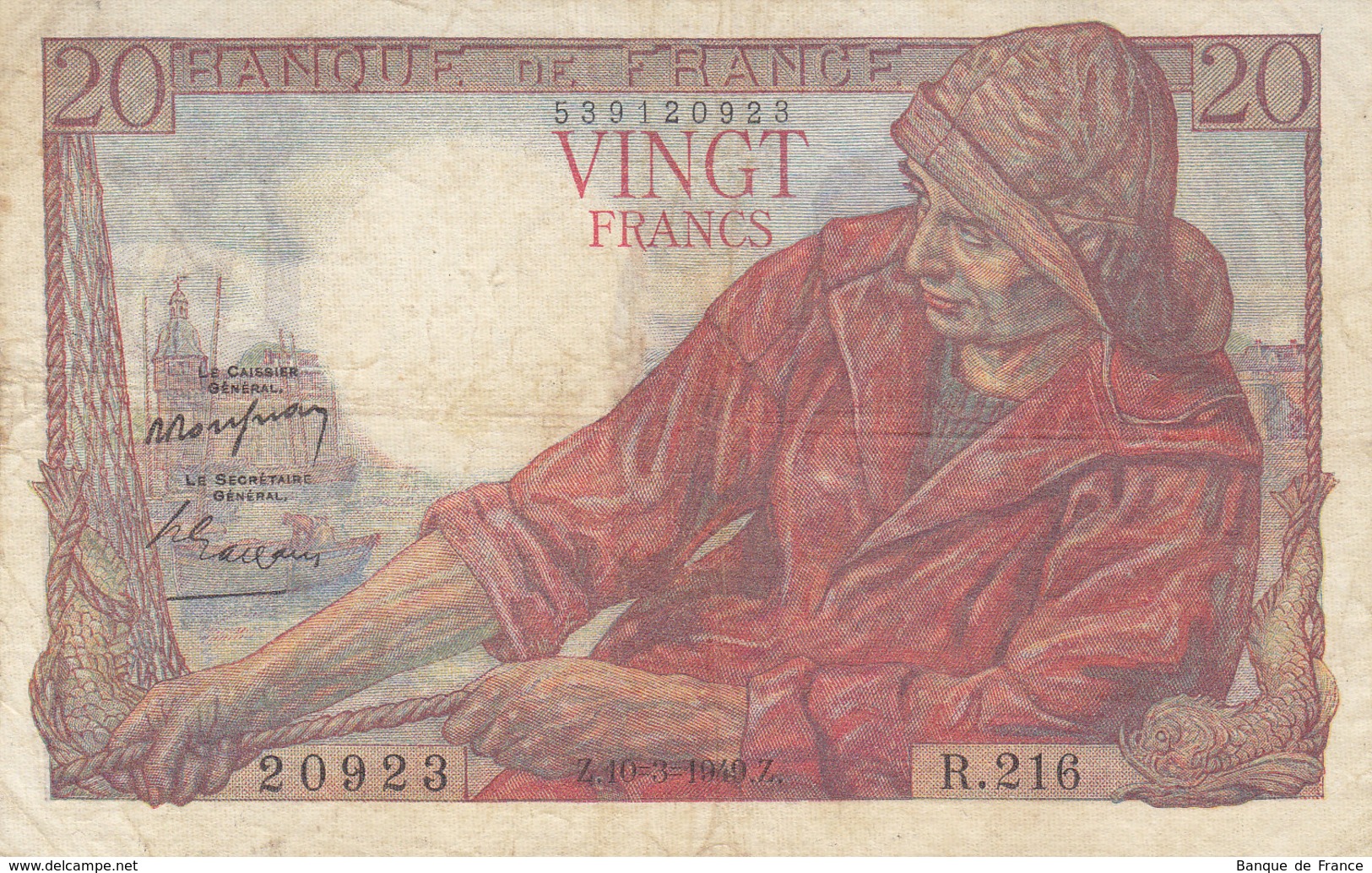 Billet 20 F Pêcheur Du 10-3-1949 FAY 13.14 Alph. R.216 - 20 F 1942-1950 ''Pêcheur''