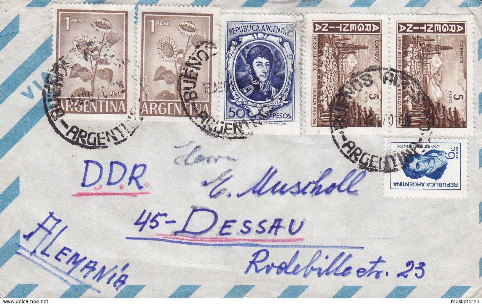 Argentina Via Aerea Air Mail BUENOS AIRES 1970 Cover Letra DESSAU Germany General San Martin Manuel Belgrano Sun Flower - Briefe U. Dokumente