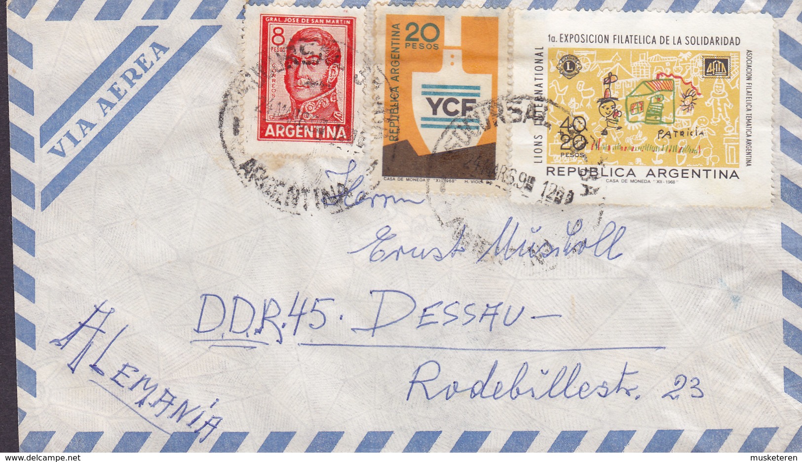 Argentina Via Aerea BUENOS AIRES 1969 Cover Letra DESSAU Germany General S. Martin Exposicion Filatelica Kinderzeichnung - Storia Postale