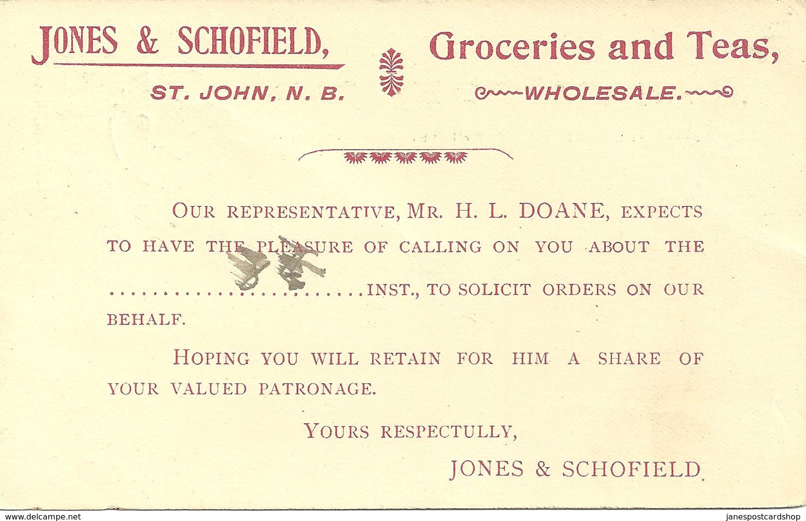 POSTAL STATIONERY DATED 1898 SUSSEX N.B. ADVERTISING CARD FOR JONES & SCHOFIELD - 1860-1899 Règne De Victoria