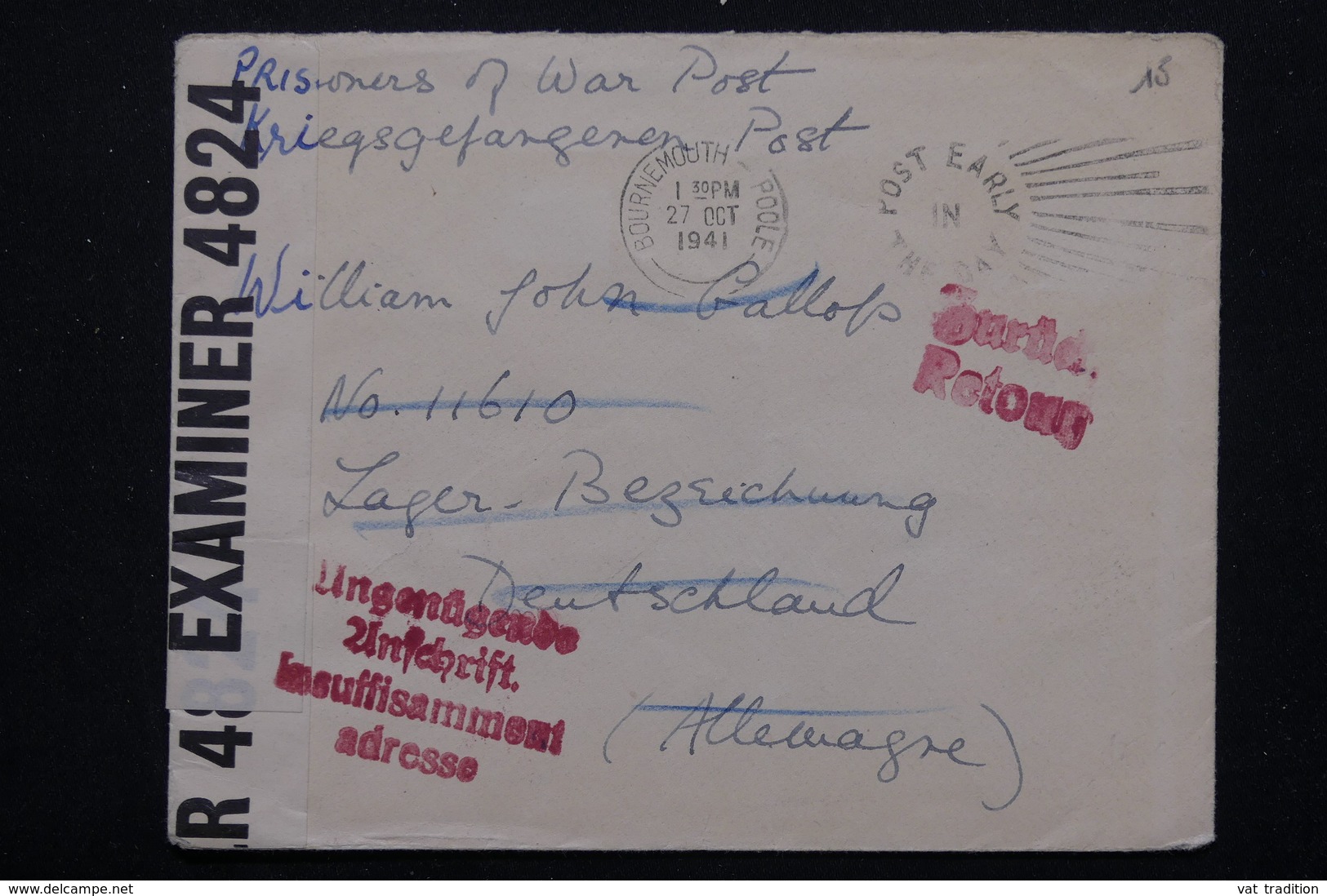 ROYAUME UNI - Enveloppe De Bournemouth Pour Prisonnier En Allemagne Te Retour En 1941 - L 21713 - Postmark Collection