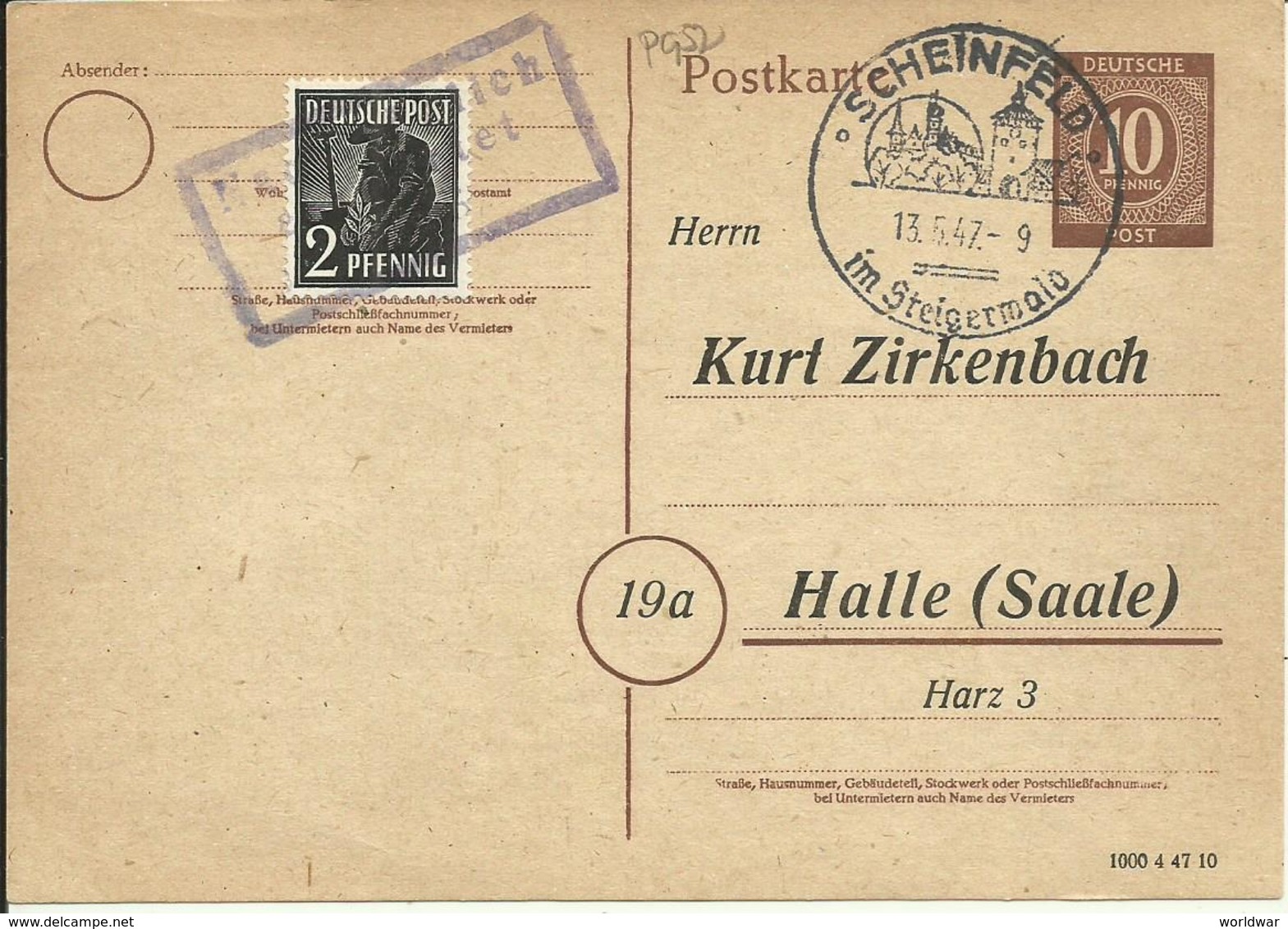 1947  Postkarte Von Scheinfeld Nach Halle (Saale) 10 + 2 Pf  Nachträglich Entwertet - Altri & Non Classificati