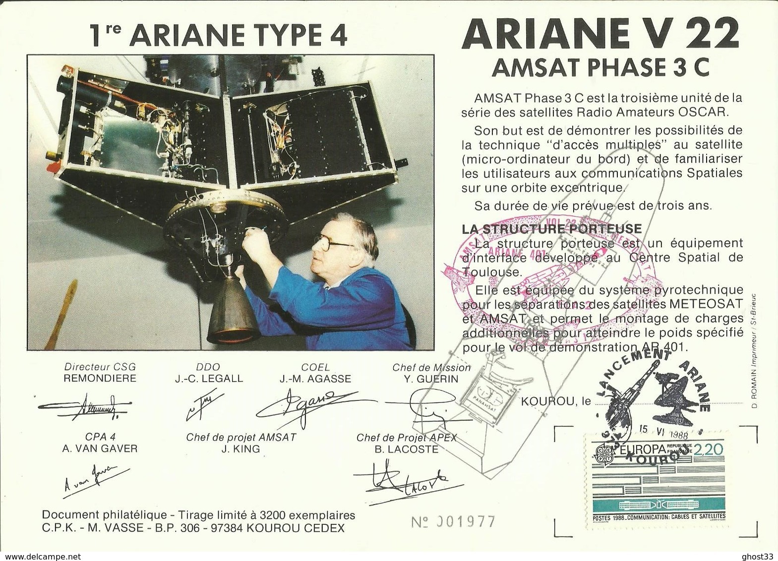 ESPACE - Lancement Fusée ARIANE V22 - 15/06/1988 - Encart Satellite AMSAT 3C - CENTRE SPATIAL GUYANAIS - KOUROU - Europa