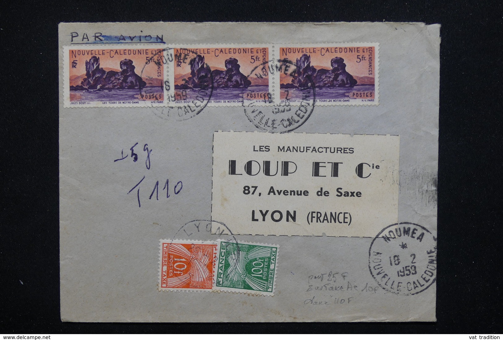 FRANCE - Taxes De Lyon Sur Enveloppe De Nouméa En 1959 - L 21739 - 1859-1959 Lettres & Documents