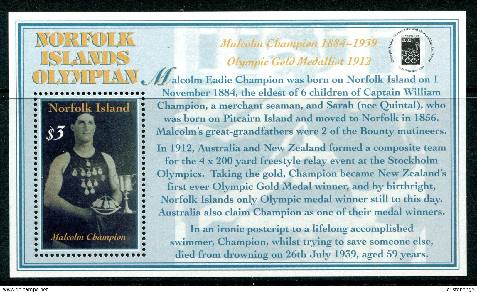 Norfolk Island 2000 Olymphilex 2000 Stamp Exhibition MS MNH (SG MS737) - Norfolk Island
