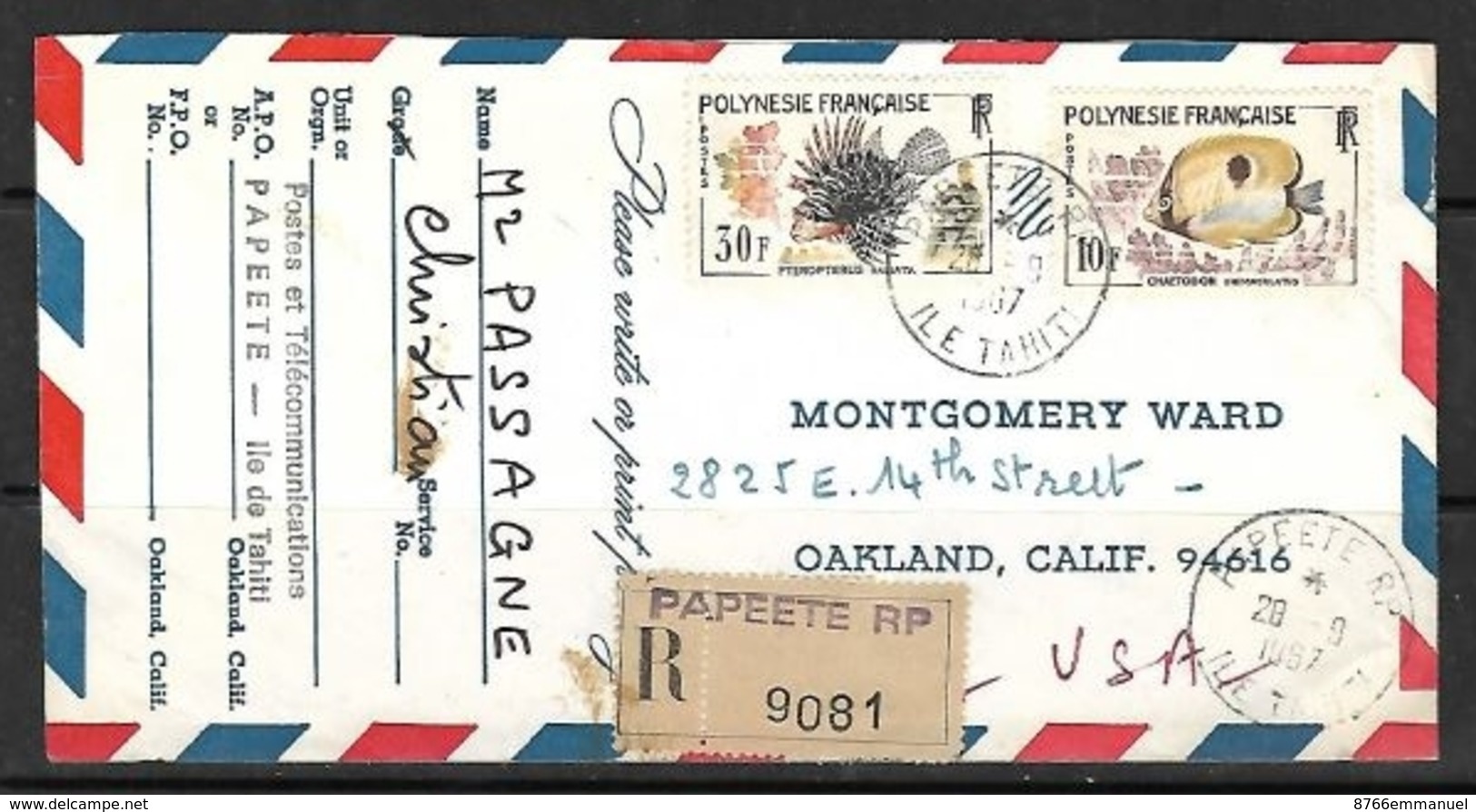 POLYNESIE ENVELOPPE RECOMMANDEE PARTIE DE PAPEETE POUR LES U.S.A.  Poissons  SUPERBE - Lettres & Documents