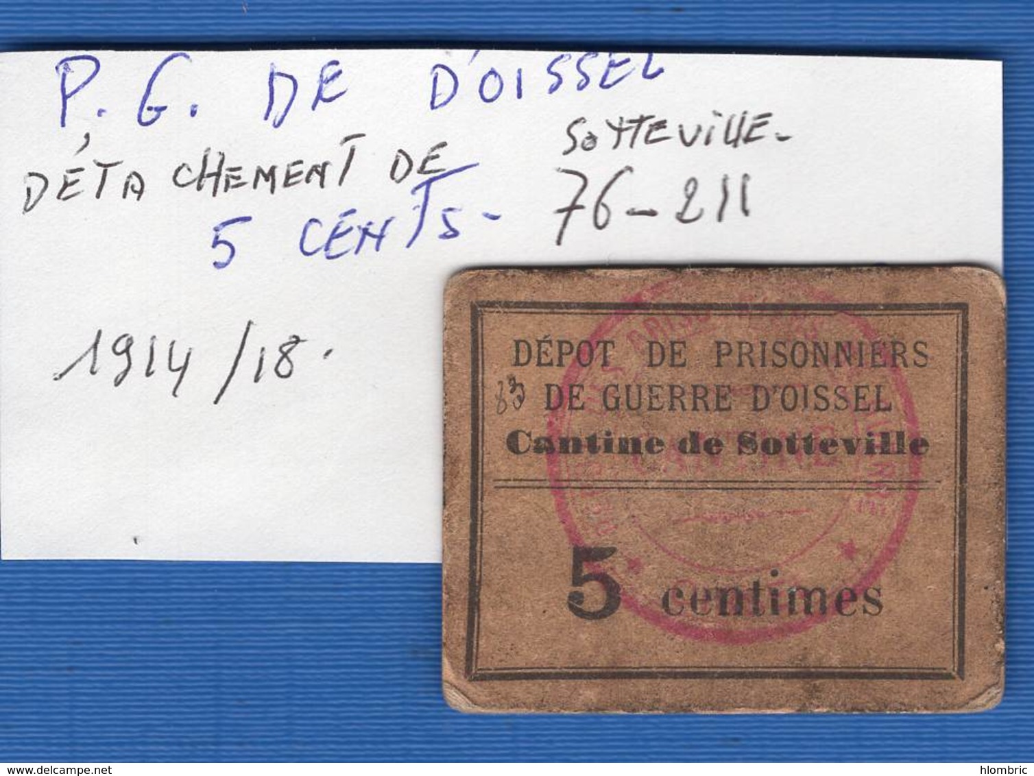 P G  D'oissel    1914/1918  Cantine  5  Cts - Bons & Nécessité