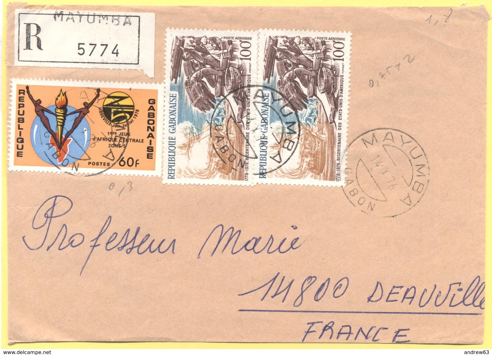 GABON - 1976 - 60F 1ers Jeux D'Afrique Centrale + 2 X 100F Bicentenaire Des Etas-Unis D'Amerique - Registered - Big Frag - Gabon (1960-...)