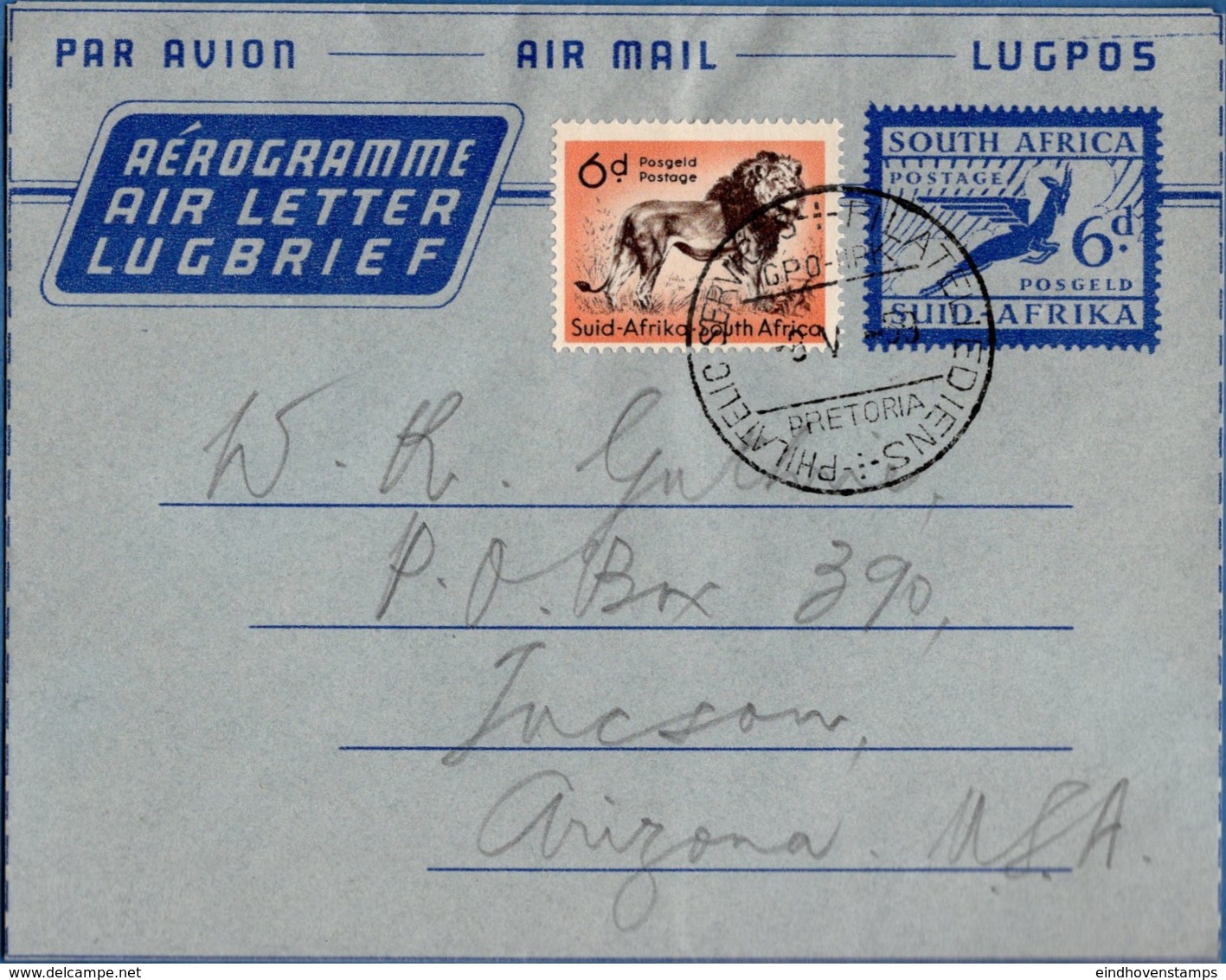 South Africa 6 D Aerogramme From Pretoria To Arizona, 6d Additional Franking - Luftpost