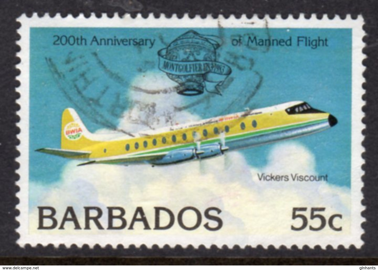 BARBADOS - 1983 55c MANNED FLIGHT ANNIVERSARY AIRCRAFT STAMP FINE USED SG 728 - Barbados (1966-...)