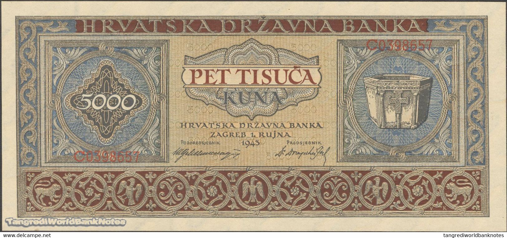 TWN - CROATIA 13a - 5000 5.000 Kuna 1.9.1943 Prefix C AU/UNC - Croazia