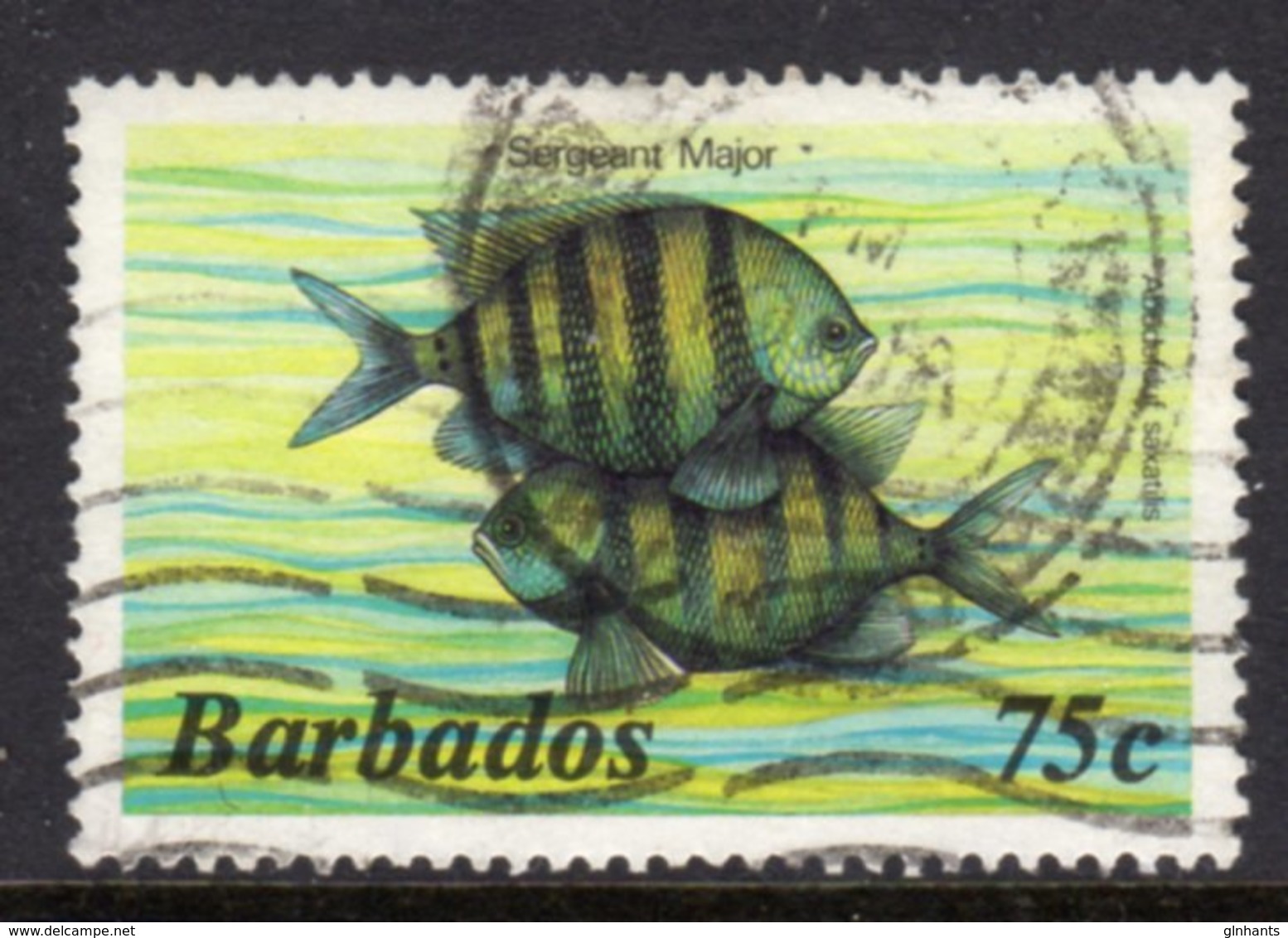 BARBADOS - 1985 75c MARINE LIFE STAMP NO IMPRINT WMK W14 SIDEWAYS FINE USED REF A SG 774A - Barbados (1966-...)