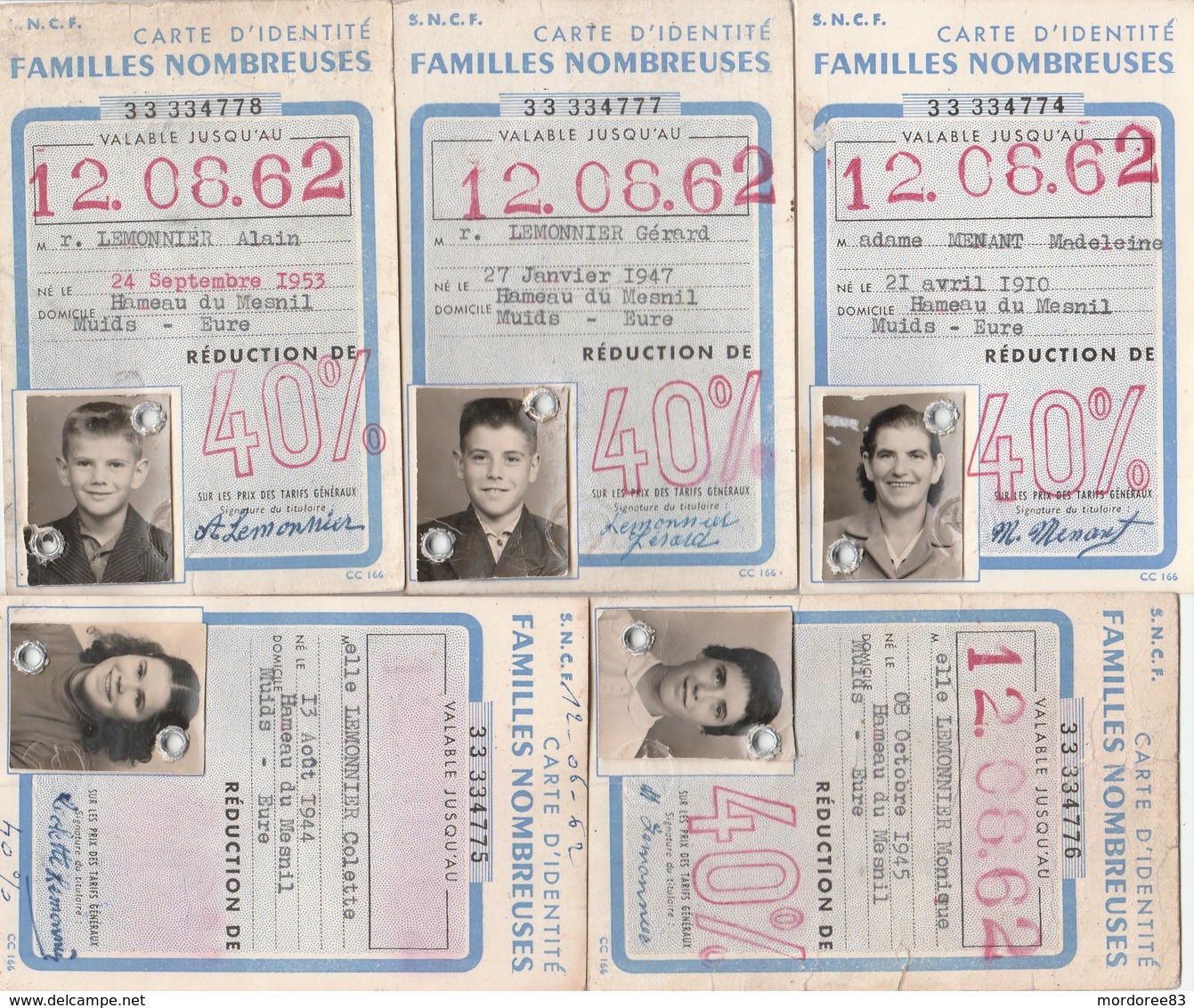 Ensemble De 5 Cartes D'identité SNCF De Familles Nombreuses, Issues D'une Seule Famille ROUEN - MUIDS EURE - Europe