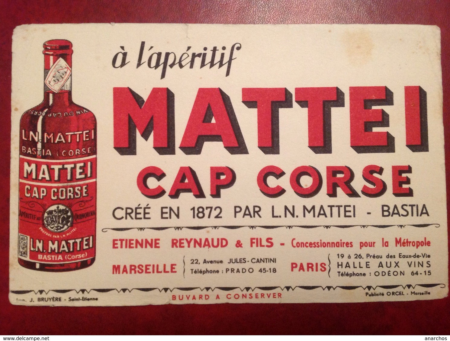 Buvard Publicité Apéritif Mattei Cap Corse Bastia Marseille Paris - Alimentare