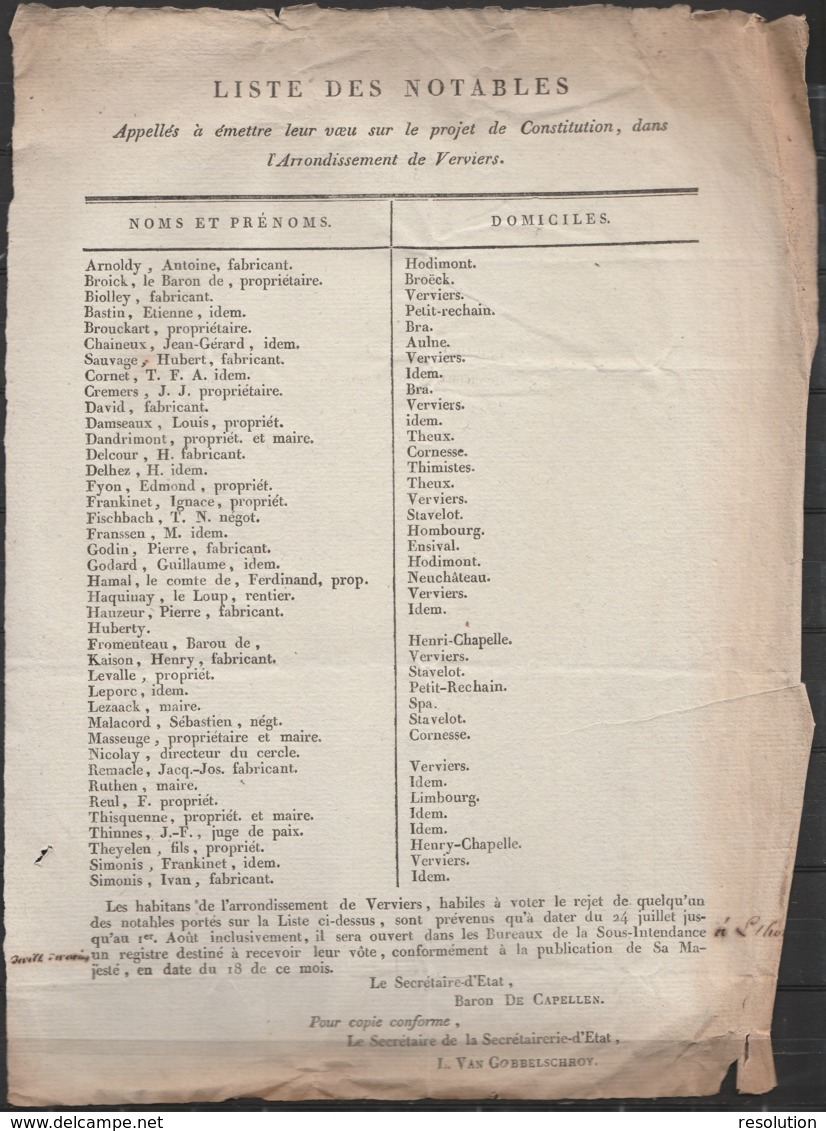 Liste Des Notables … Pour émettre Leur Vœu Sur Le Projet De Constitution - Arrondissement De VERVIERS - Années 1830 … - Historical Documents