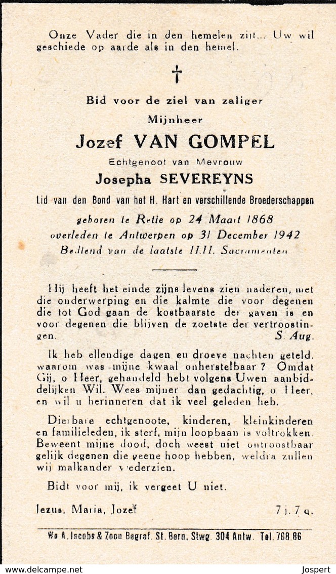 Retie, Antwerpen, 1942, Jozef Van Gompel, Severeyns - Andachtsbilder