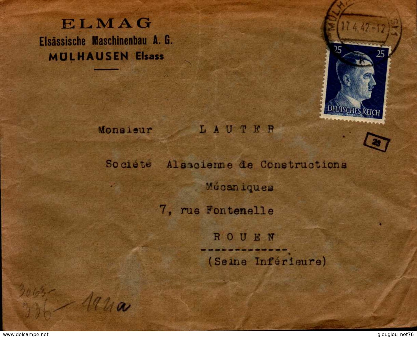 ENVELOPPE  TIMBREE  ELMACG....MULHAUSEN 1942....TIMBRE HITLER ? - Autres & Non Classés