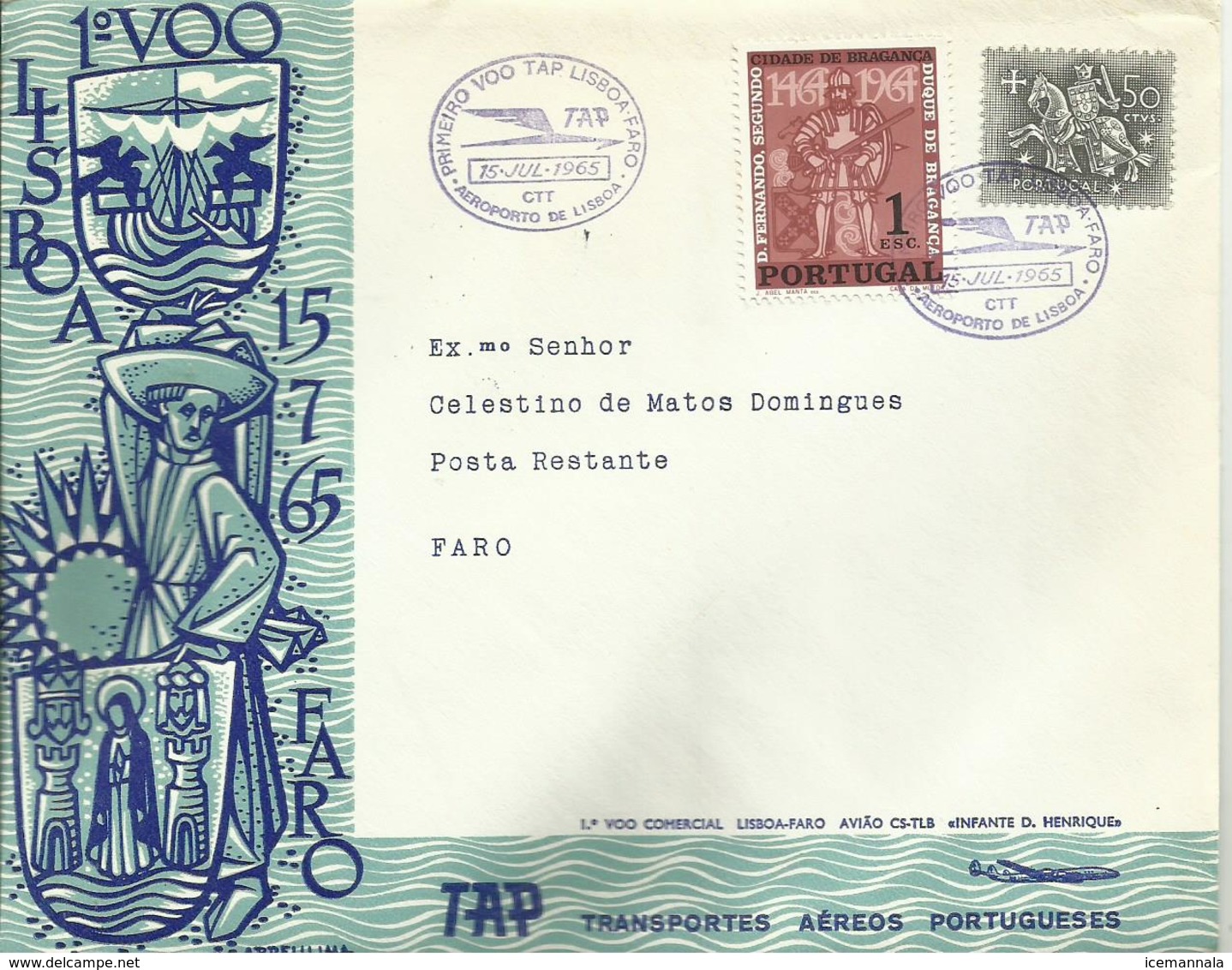 PORTUGAL, SOBRE PRIMER VUELO LISBOA/FARO - Cartas & Documentos